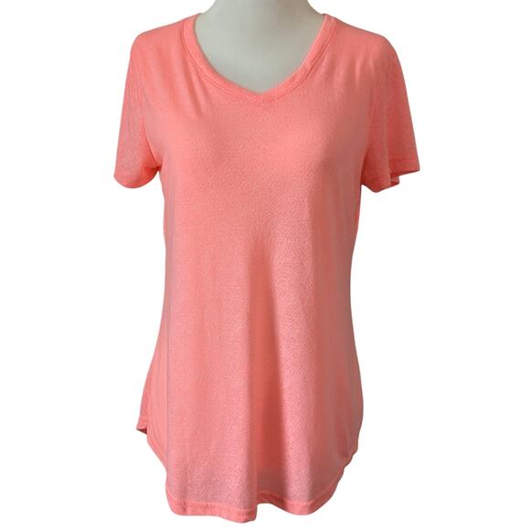 4/$20 Tek Gear DryTek V-Neck Athletic Top Size Small Fluorescent Peach Pink - Picture 1 of 6